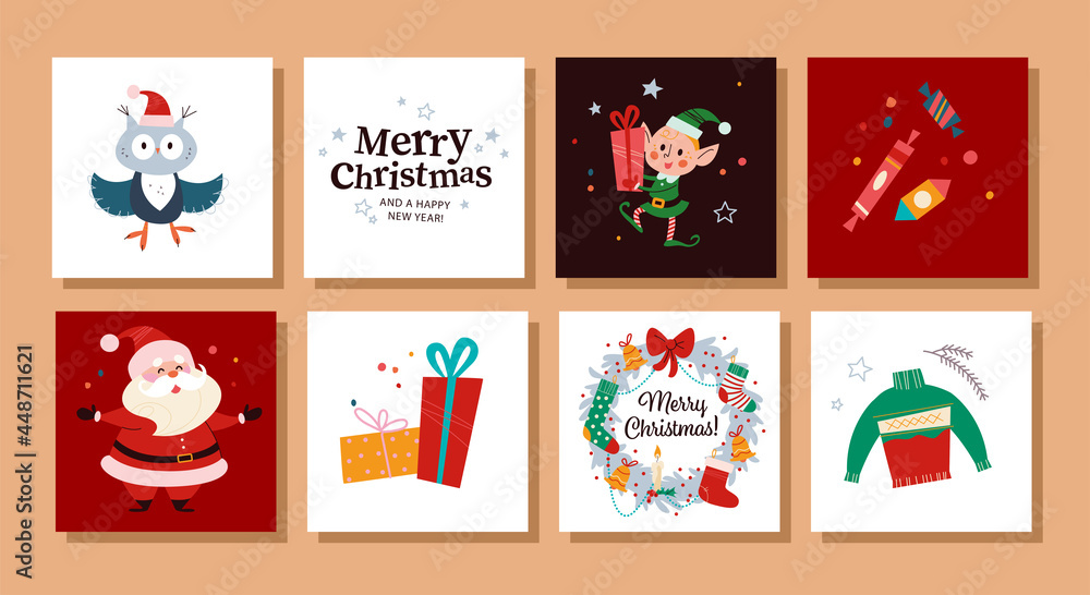 Fototapeta premium Collection of Merry Christmas congratulation cards with Santa Claus, owl, elf character, gifts, candy, sweater, xmas mistletoe wreath. Vector flat cartoon illustration. For banner, package, invitation