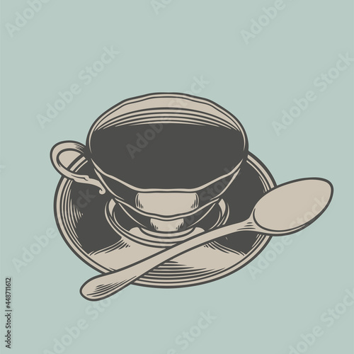 Hand drawn tea cup sketch in engraving style for menu or cafe. Antique porcelain cup of tea. Black old vintage cup plate isolated on grey background. Tea time concept. Vector illustration