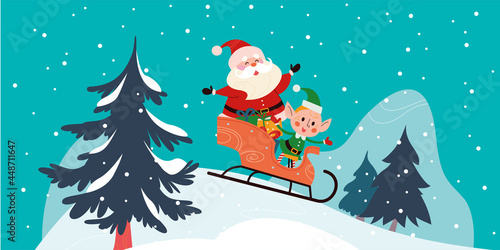 Winter holiday illustration with cute Santa Claus and elf characters sledding at snowy mountain landscape. Vector cartoon flat concept. For card, package, banner, invitation.