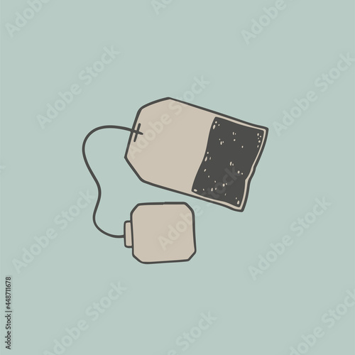 Vector hand drawn tea bag illustration. Decorative inking background with retro tea sketch. Vintage matcha design picture emblem sketchy in art scribble etching style. Sketched template.