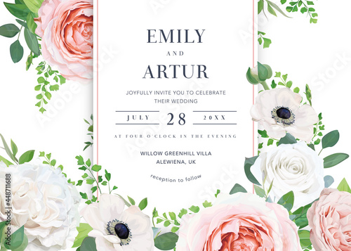 Tender stylish floral wedding invite, save the date, greeting card, banner template design. Pink, white rose flowers, anemone, eucalyptus leaves, berries. Editable vector watercolor style illustration