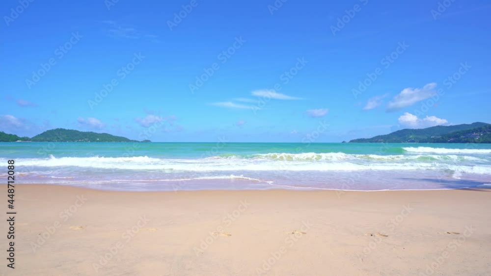 Summer sandy beach Amazing sea clear blue sky and white clouds Wave crashing on sandy shore empty beach at Phuket Thailand, Empty beach sunny day Concept Travel and season tour website background Summer sandy beach Amazing sea clear blue sky and white clouds Wave crashing on sandy shore empty beach at Phuket Thailand, Empty beach sunny day Concept Travel and season tour website background