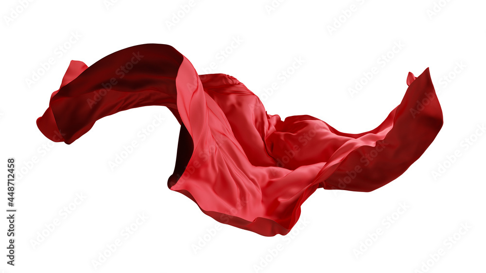 3d render, abstract red cloth falling. Silk drapery flies away. Fashion clip art isolated on white background - obrazy, fototapety, plakaty 