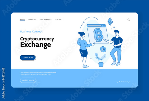 Online cryptocurrency exchange. Bitcoin transactions and analysis of financial information. Electronic technology virtual investment with banking. Vector linear flat landing page