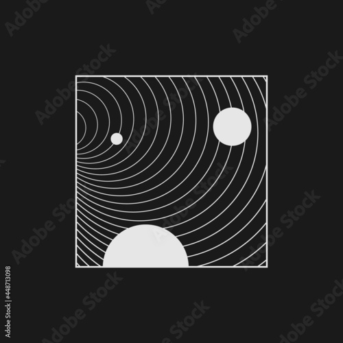 Black Hole. Spheres trapped in a black hole. Retrofuturistic perspective tunnel with spheres. Tunnel in cyberpunk 80s style. Design for poster, cover, merch in retrowave style. Vector