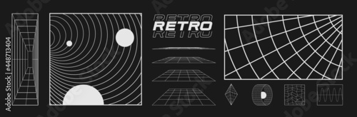Set of retrofuturistic design elements, perspective grids, tunnel, RETRO title, polar grid, blackhole, bipyramide, circle portal in cyberpunk 80s style. Cyber retrowave. Vector photo