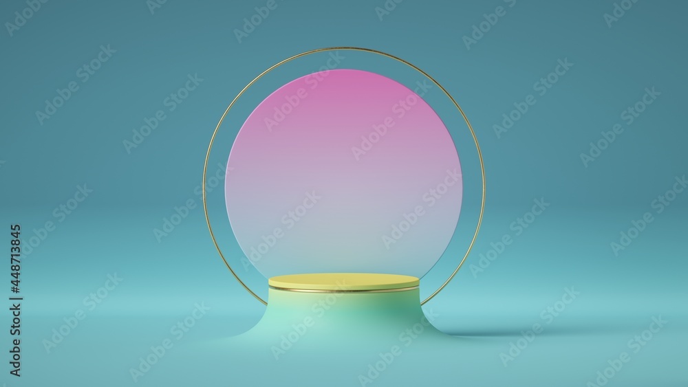 3d render, abstract background with round pink board, golden frame and yellow stage podium. Modern minimal showcase for product presentation 3d render, abstract background with round pink board, golden frame and yellow stage podium. Modern minimal showcase for product presentation
