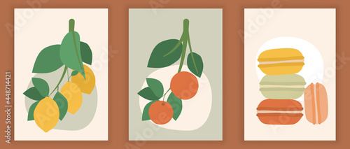 Set of contemporary art posters with fruits in pastel colors. Abstract elements, leaves and fruits, macaroons, oranges. Design for social media, postcards, print. Flat cartoon vector illustration