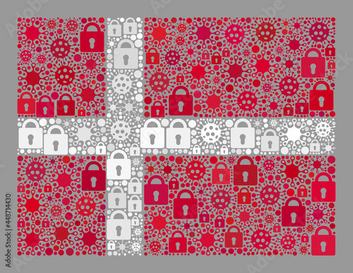 Mosaic coronavirus lockdown Denmark flag created of locks and infection icons. Vector collage rectangular Denmark flag created for medicare wallpapers.