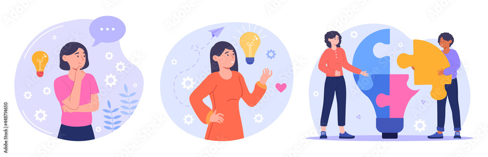 Set of male and female characters having brain activity. Concept of thinking, problem solving, brainstorming, idea and fantasy, motivation and inspiration. Flat cartoon vector illustration Set of male and female characters having brain activity. Concept of thinking, problem solving, brainstorming, idea and fantasy, motivation and inspiration. Flat cartoon vector illustration
