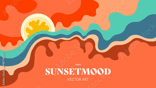 Sunset. Sunrise. Nature. Modern flat vector banner illustration of natural background. Vacation on the beach. Festival feeling. Holiday Feeling. Drawings from the hand of sunset and sunrise. 