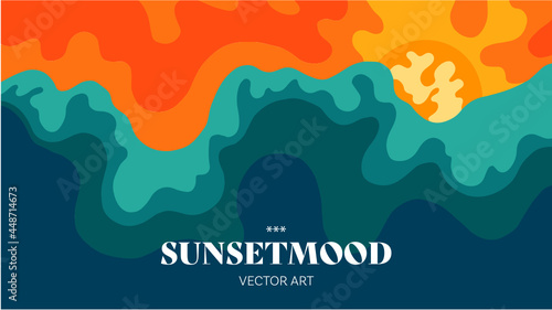 Sunset. Sunrise. Nature. Modern flat vector banner illustration of natural background. Vacation on the beach. Festival feeling. Holiday Feeling. Drawings from the hand of sunset and sunrise. 