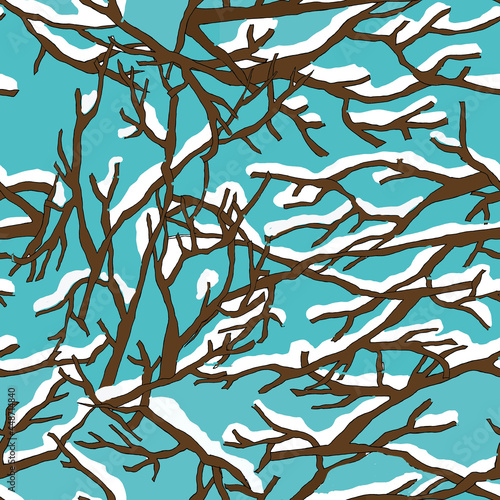 Winter branches with snow graphics on turquoise background seamless pattern for all prints.