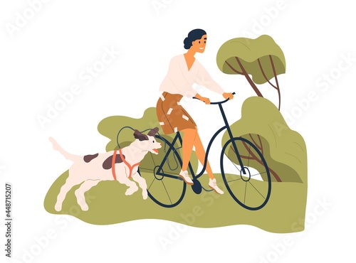 Happy woman riding bicycle with dog tied to bike. Pet owner cycling with doggy running nearby. Cyclist walking with puppy in nature. Colored flat vector illustration isolated on white background