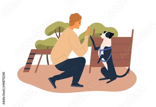 Trainer teaching dog at agility courses. High five trick of obedient doggy with raised paw. Pet owner training his canine animal outdoors. Colored flat vector illustration isolated on white background