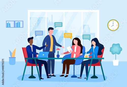 Male and female workers are sitting at the negotiating table together. Concept of collective thinking and brainstorming, company information analytics. Flat cartoon vector illustration