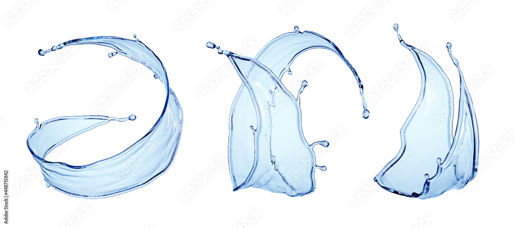Obraz premium 3d render, collection of splashing water elements. Blue wavy liquid splash, clip art isolated on white background