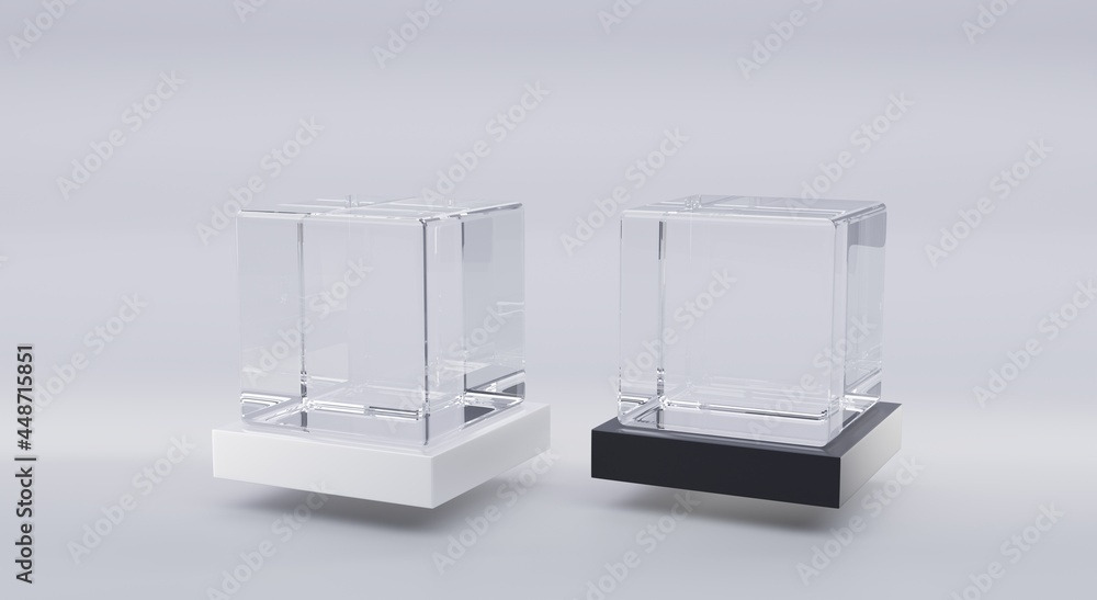 Glass cubes on white and black stand in perspective angle view. Clear square boxes of acrylic, plexiglass on plastic podiums, mockup block or aquarium isolated on grey background, 3d illustration Glass cubes on white and black stand in perspective angle view. Clear square boxes of acrylic, plexiglass on plastic podiums, mockup block or aquarium isolated on grey background, 3d illustration