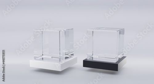 Glass cubes on white and black stand in perspective angle view. Clear square boxes of acrylic, plexiglass on plastic podiums, mockup block or aquarium isolated on grey background, 3d illustration