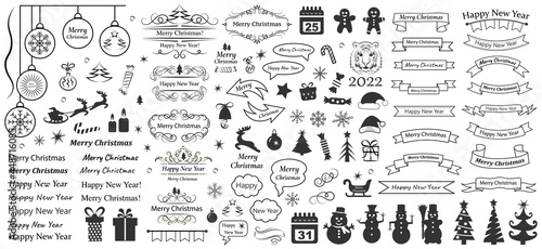 Merry Christmas. Happy New Year. Calligraphy design elements . Decorative swirls or scrolls, icons, vintage frames , flourishes, labels and dividers. Retro vector illustration