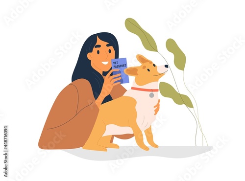 Pet owner holding vet or veterinary passport of her dog. Happy person with corgi doggy and document for traveling. Cute animal with ID. Flat vector illustration isolated on white background