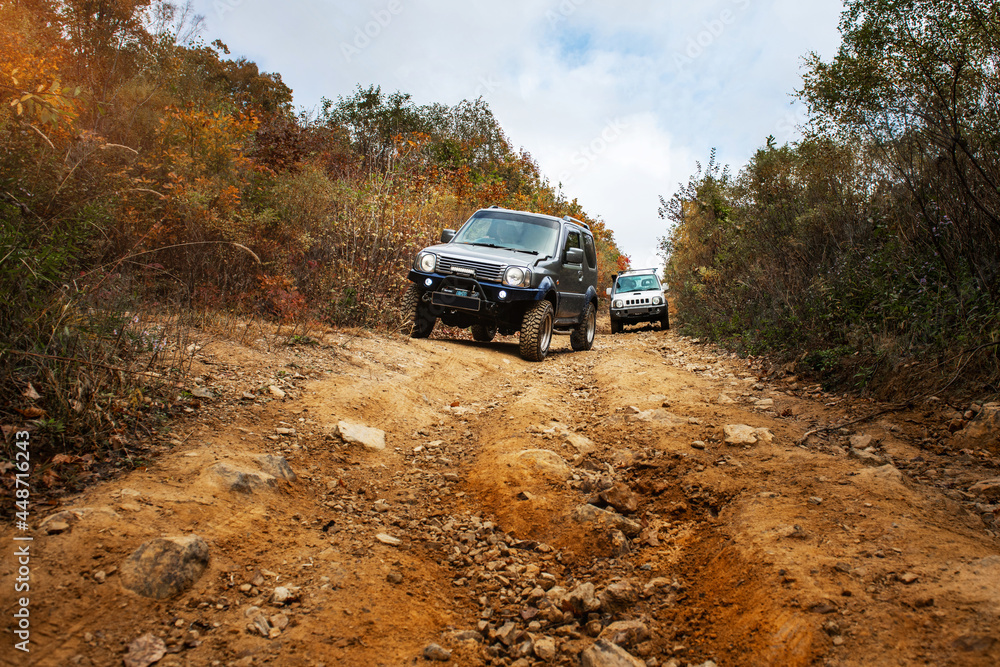 a convoy of cars is moving along a rocky road. travel by car in the taiga a convoy of cars is moving along a rocky road. travel by car in the taiga