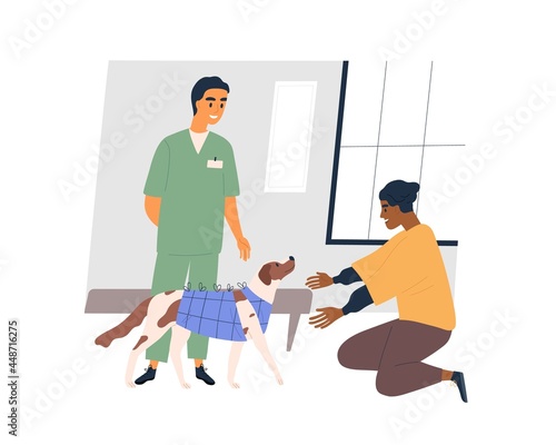 Happy pet owner meeting his dog after operation in vet clinic. Cute doggy in recovery vest going to human in veterinary hospital. Flat vector illustration isolated on white background