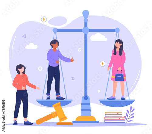 Young male and female characters are standing on scaleas. Concept of equality and freedom measurement, social protection and punishment system balance. Flat cartoon vector illustration
