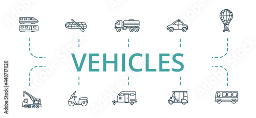Vehicles icon set. Contains editable icons theme such as scooter, caravanning, bus and more.