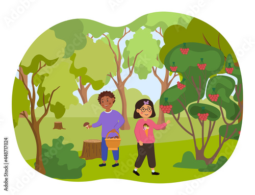 Two little kids are walking collecting mushrooms and berries in the forest. Concept of forest school movement activities. Mushroom hunting, picking wild berries. Flat cartoon vector illustration