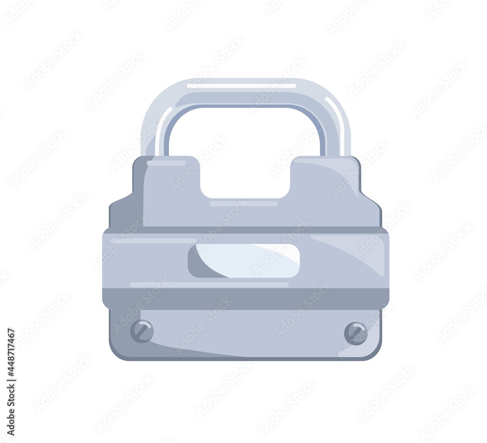 Hanging locked metal shining padlock with closed iron shackle. Icon of secure and private access. Realistic flat cartoon vector illustration isolated on white background Hanging locked metal shining padlock with closed iron shackle. Icon of secure and private access. Realistic flat cartoon vector illustration isolated on white background