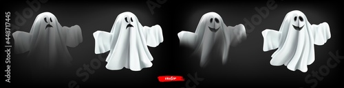 White ghost, phantom isolated on black background. Halloween spooky monster, scary spirit or poltergeist flying in night. 3d realistic vector illustration of ghosts on dark background.