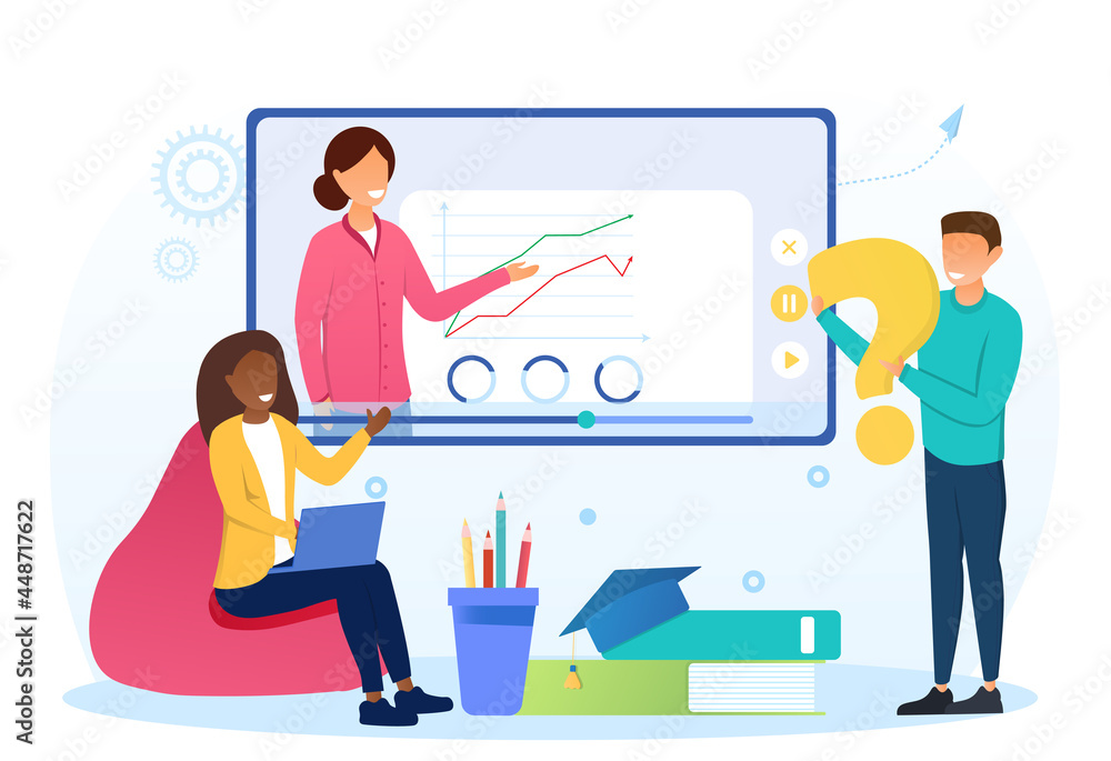 Young male and female characters are studying online remotely from home. Concept of online course, learning and studying from home. Tutor teaching on big screen. Flat cartoon vector illustration