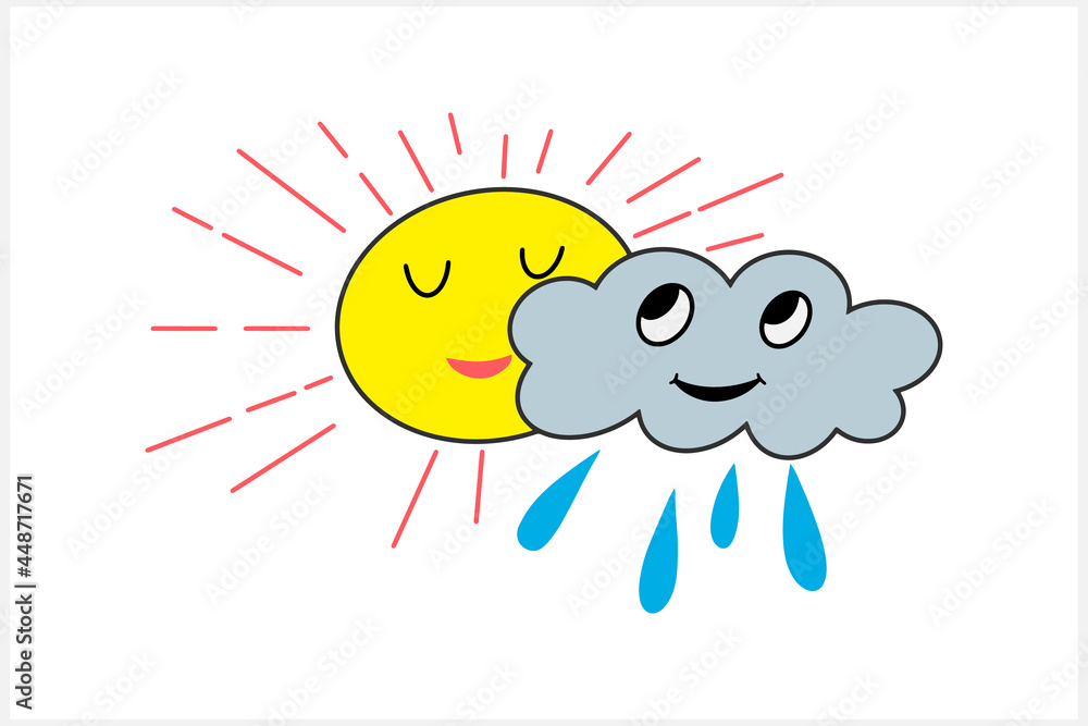 Doodle sun and cloud with rain clipart isolated on white. Hand drawn art line. Sketch vector stock illustration. EPS 10