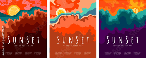 Sunset. Sunrise. Nature. Modern flat vector poster illustration of natural background. Vacation on the beach. Festival feeling. Holiday Feeling. Drawings from the hand of sunset and sunrise. 