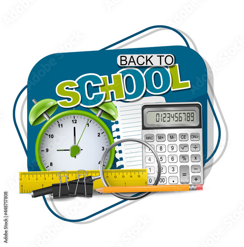 School banner. Realistic 3d study supplies. Education concept. Vector illustration.