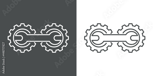 Maquinaria industrial. Logotipo 2 engranajes con herramienta llave con lineas en fondo gris y fondo blanco