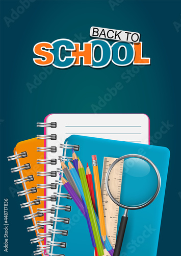 School banner, flyer or brochure. Realistic 3d study supplies background. Education concept. Vector illustration.