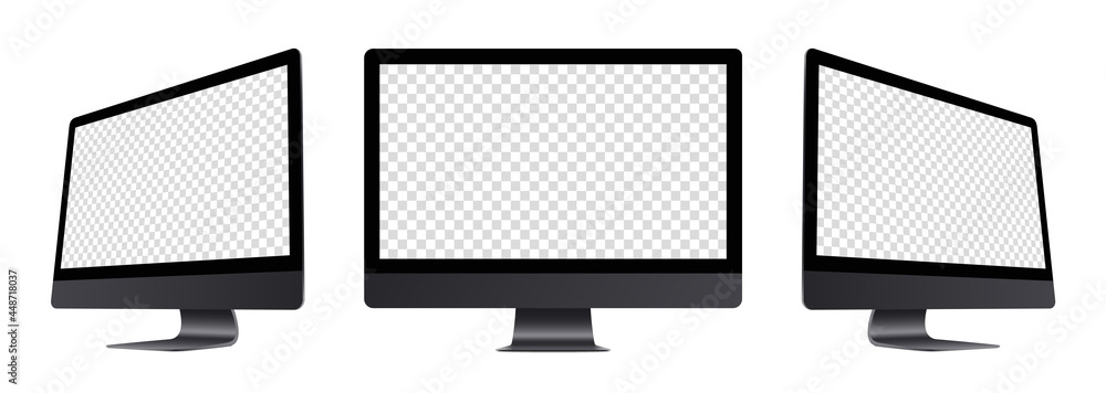 Black monitor monoblock computer devices mockup set : front, left-side ...