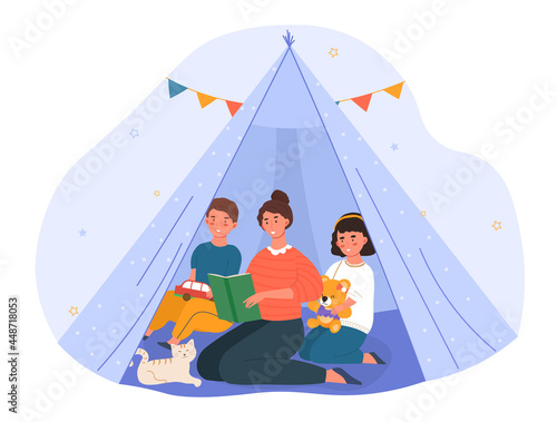 Young mother is reading book and telling story for little son and daughter in the teepee tent. Concept of family spending leisure time together. Flat cartoon vector illustration