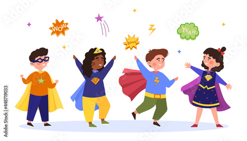 Happy little kids wearing colorful costumes of superheroes. Little cute children are having fun dressed as superheroes. Flat cartoon vector illustration