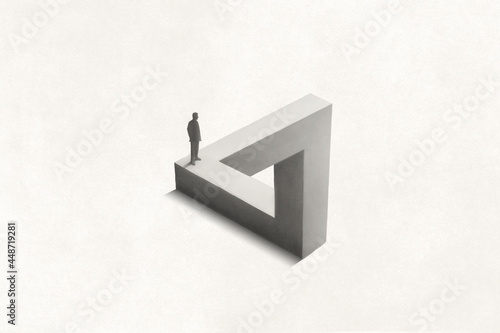 Illustration of man walking on Penrose triangle, optical illusion surreal concept photo