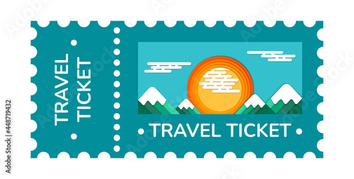 travel ticket template with sun, sky, mountains, clouds