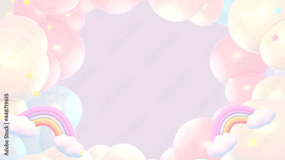 Pink dreamy pastel rainbow clouds and stars sky. 3d rendered picture.
