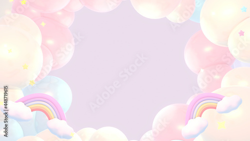 Pink dreamy pastel rainbow clouds and stars sky. 3d rendered picture.