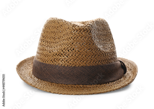 Stylish brown straw hat isolated on white