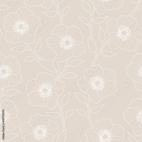 Line flowers on a beige background. Vector seamless pattern