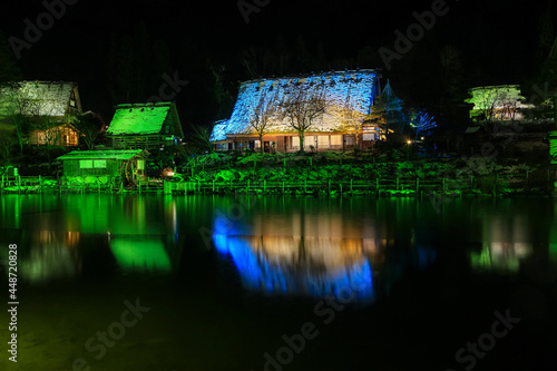 Gifu, Japan - December 24, 2017 : Hida no Sato the illuminated village of gasshozukuri farmhouses  at Takayama, Japan