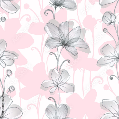 Beautiful elegant stylized flowers. Monohrome floral illustration. Seamless pattern. Hand drawing with simple pencil. Vertical composition.