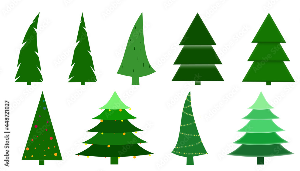 Fototapeta premium Set of Christmas trees. Seven fir trees isolated on a white background. New Year and Christmas tree traditional symbol with garlands, light bulb, star. Winter holiday